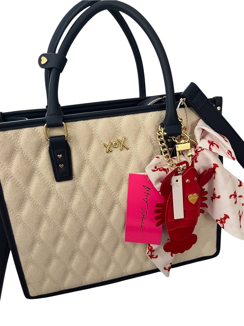 Betsey Johnson Quilted Beige and Navy Blue Tote Bag with Lobster Scarf and Charm - Picture 3 of 7
